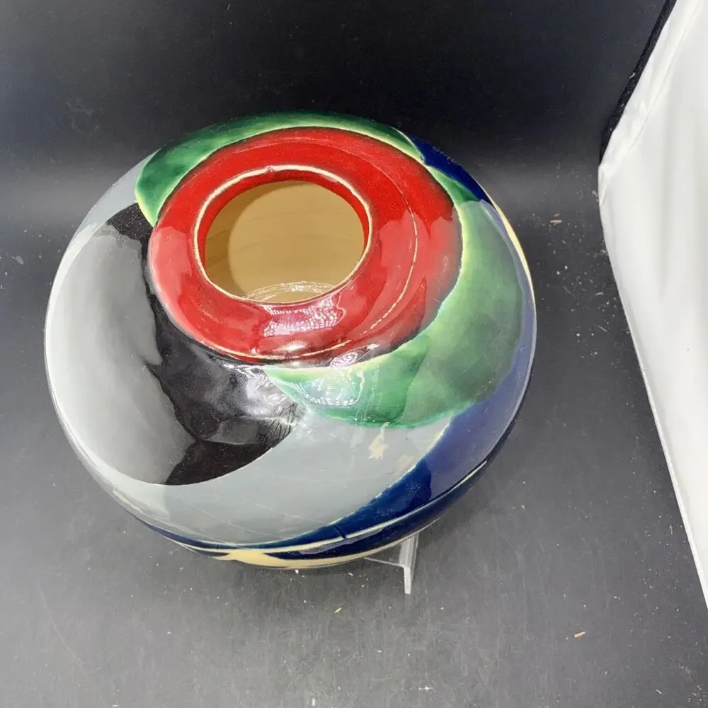 KLER Signed Studio Art Pottery Abstract Modern Glazed Vase Red Blue Green